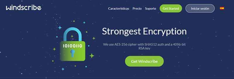 homepage de Windscribe que muestra un fondo azul y un candado verde y texto