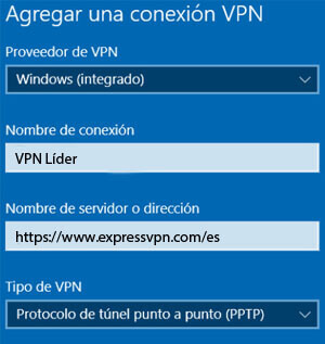 Escoger el tipo de VPN e información en Windows