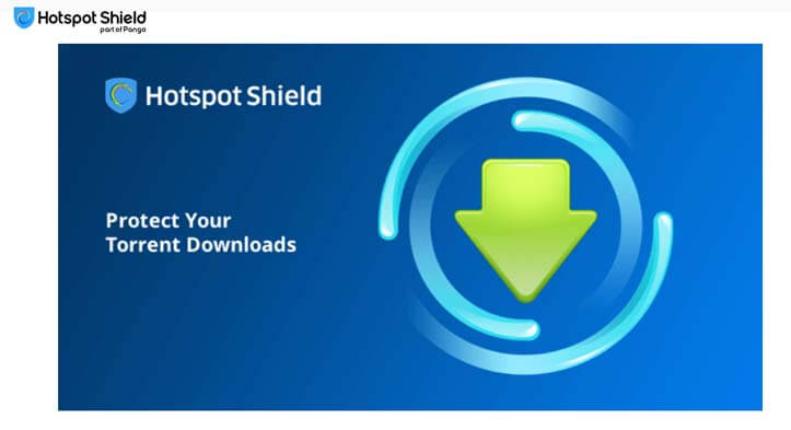 homepage de Hotspot Shield con fondo azul e imagen de una flecha verde