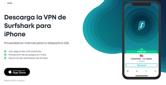 Página web de Surfshark con texto sobre VPN para iPhone e imagen de celular