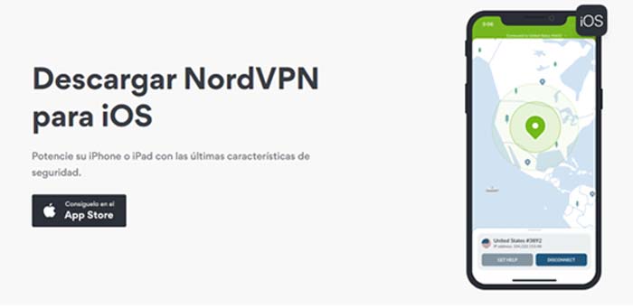 Página web de NordVPN con texto y la imagen de un celular de fondo