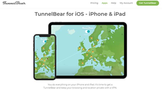 Sitio web de TunnelBear con imagen de smartphone y iPad
